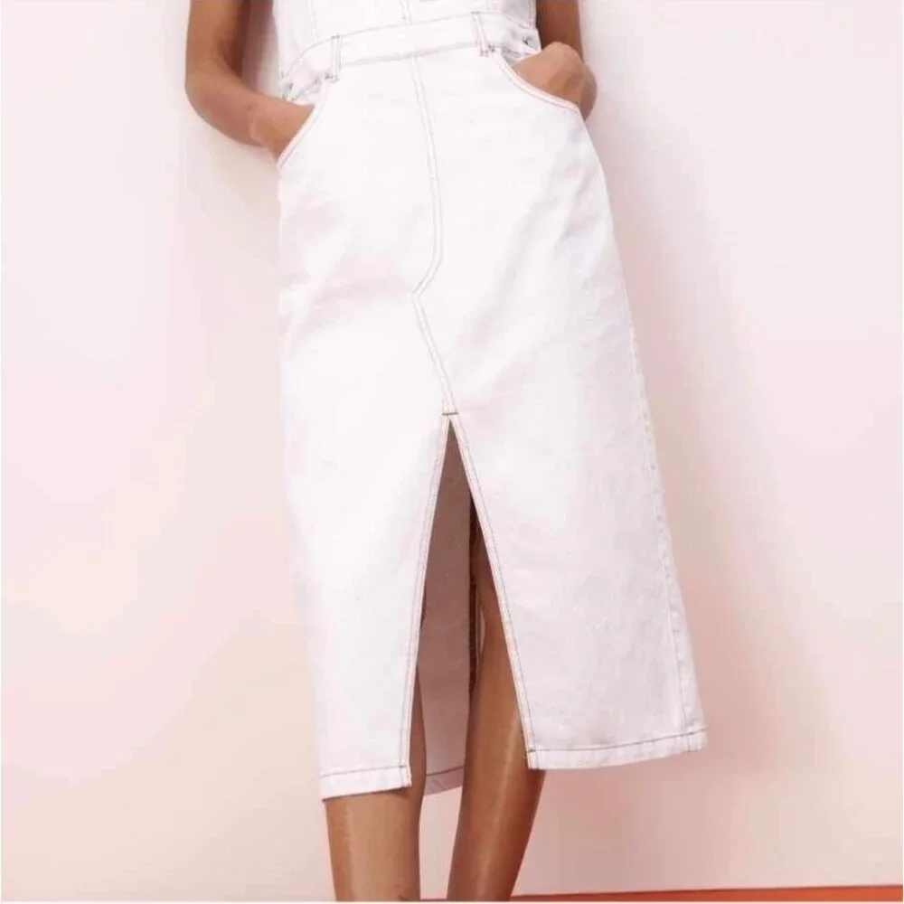 Zara Off White Brown Stitches Denim Overall Dress Bib Skirt Size Medium - Picture 12 of 14